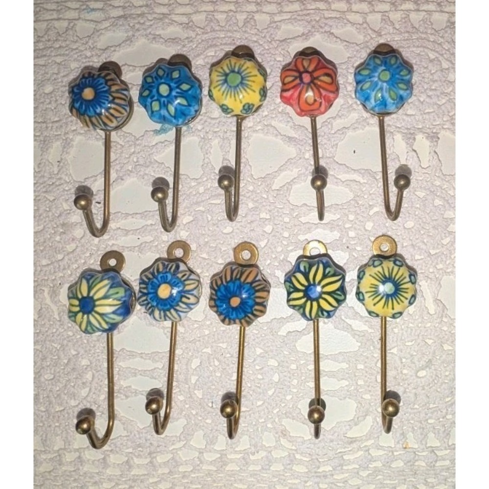 Vintage Hand Painted Ceramic Wall Hooks Floral Brass Robe Coat Hooks Set of 10